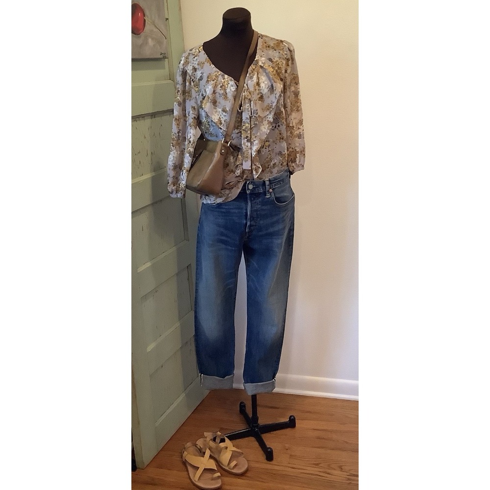 Elle Sheer Gray Floral Ruffle Top Puff Sleeve Romantic Blouse Feminine M